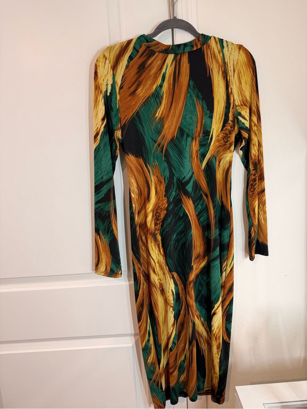 Green & Gold Double-lined Abstract Print Long Sleeve Dress